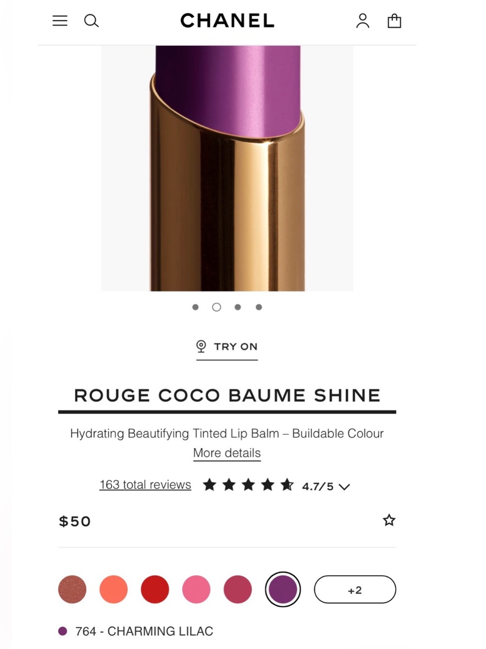 CHANEL Rouge Coco Baume Shine Lipstick - 764 Charming Lilac Luxe Plum Hue - Picture 9 of 11
